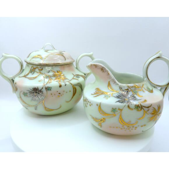 Vintage Nippon Style Moriage Creamer & Sugar Bowl Set Hand Painted Gold Floral - Picture 1 of 16